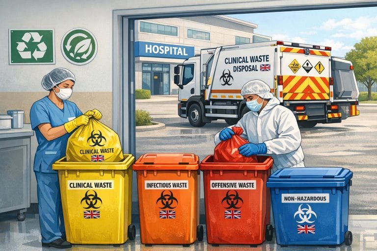 Hospital staff sorting clinical waste for disposal