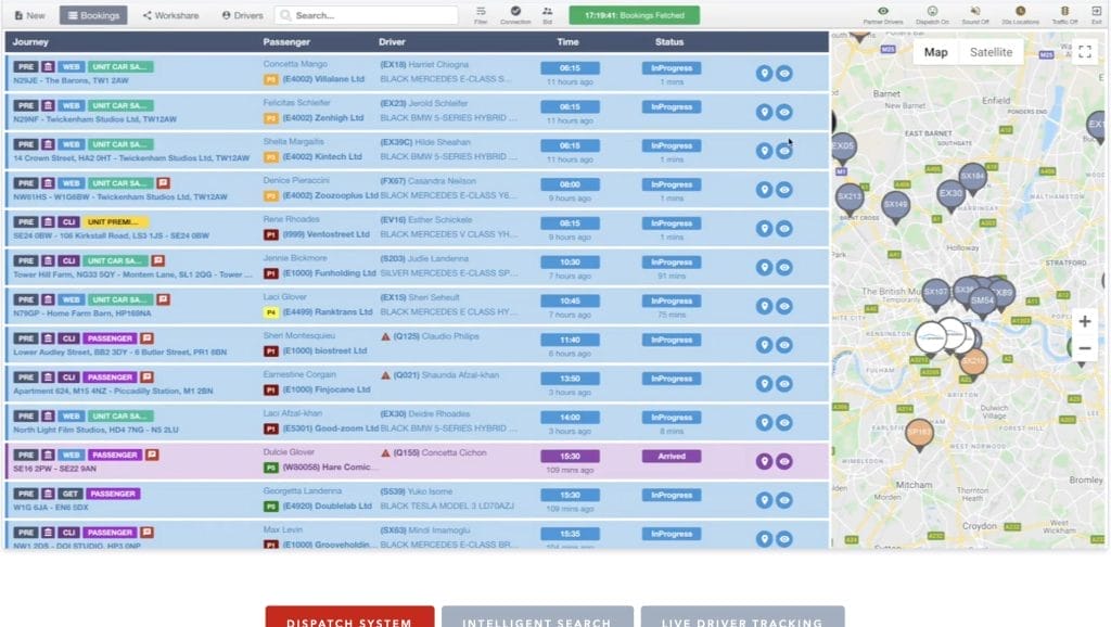Taxi dispatch system with booking list and map