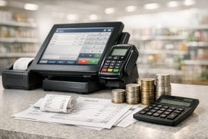 Cash register with coins, receipts and calculator