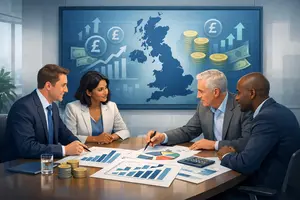 Business team analysing UK financial growth charts