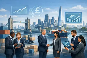 Business professionals discussing trade near London Bridge