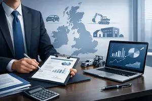 Businessman analysing UK financial data charts