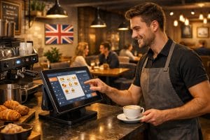 Barista using touchscreen till in British café