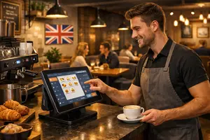 Barista using touchscreen till in British café