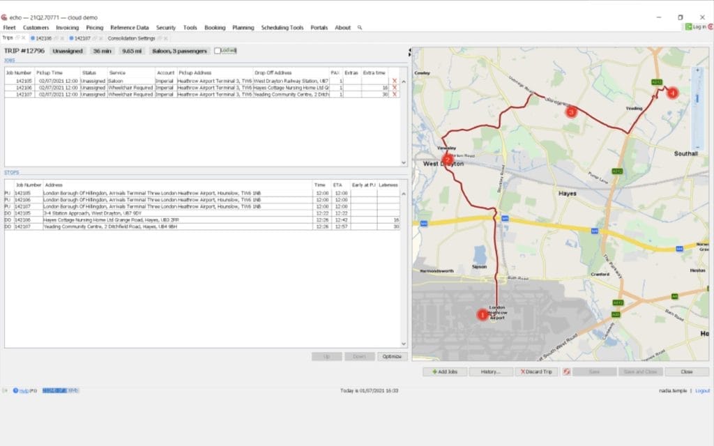 Trip planning software showing route map and job details