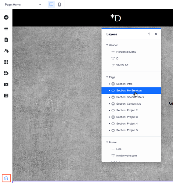 Wix Editor with the Layers panel showing page sections