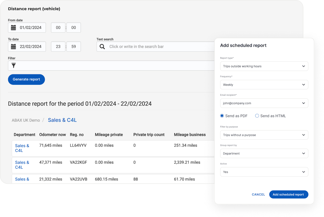 ABAX fleet management platform showing distance report with mileage data