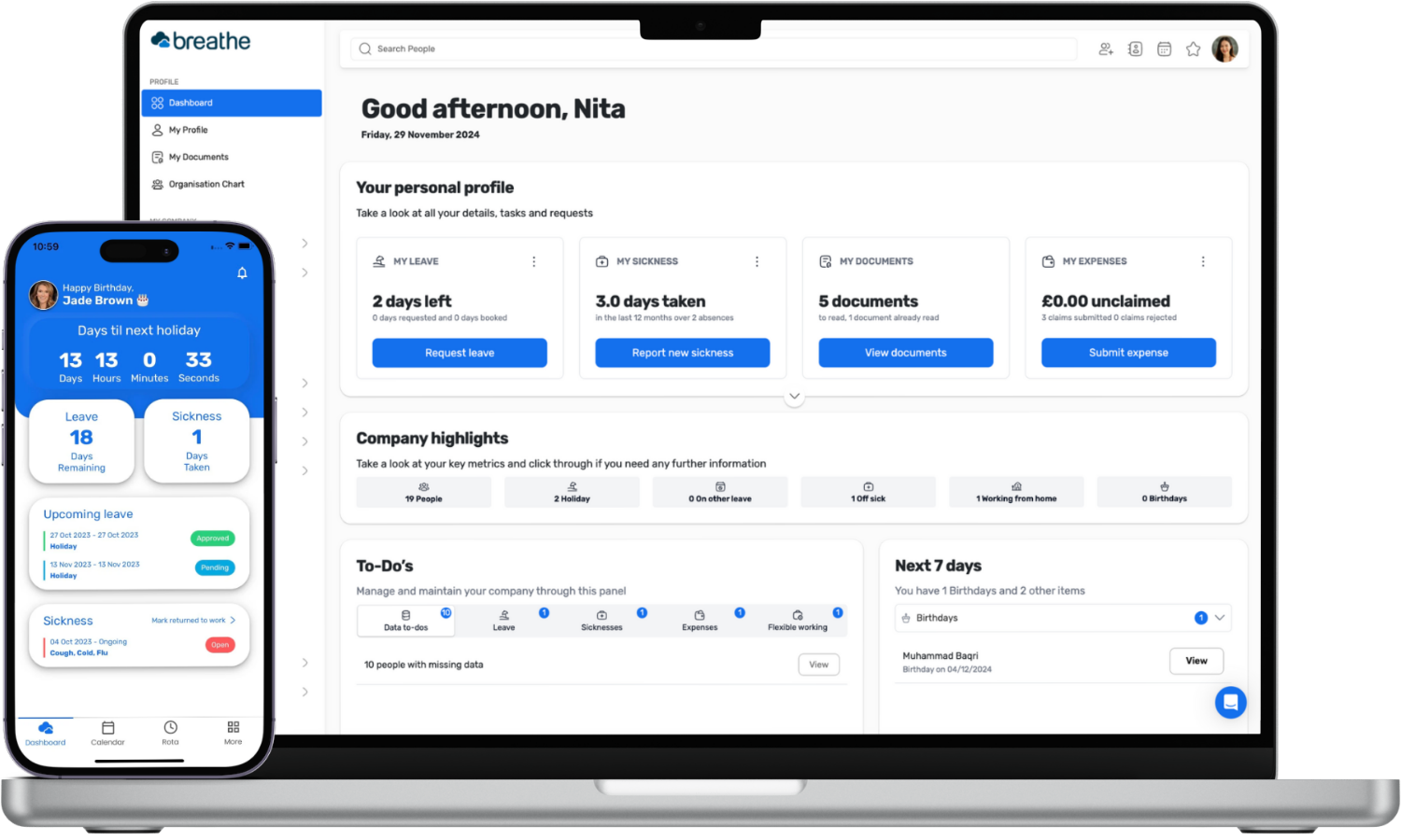 Breathe HR Dashboard - Laptop and Mobile View