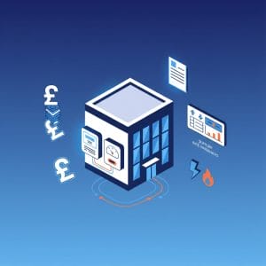 Business energy costs illustration showing office building with electricity and gas meters