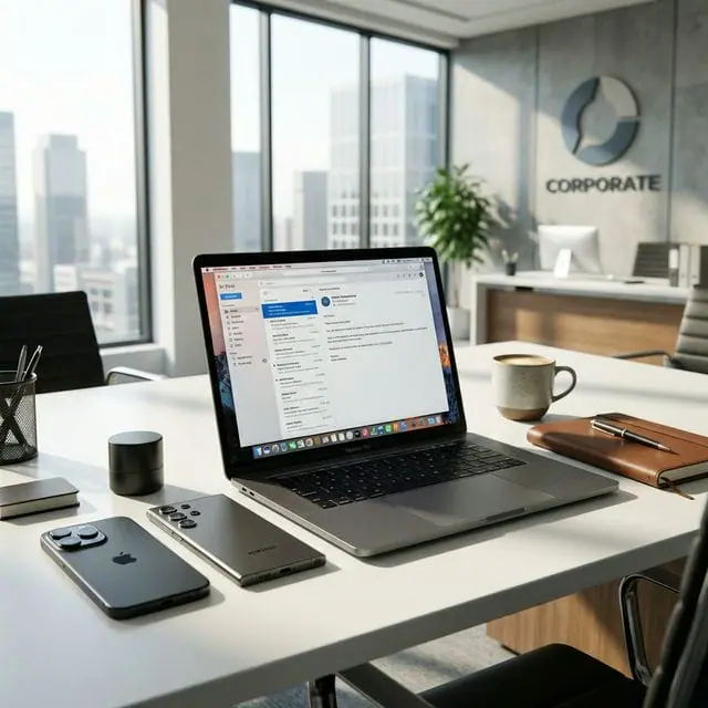 Business smartphones on desk with laptop