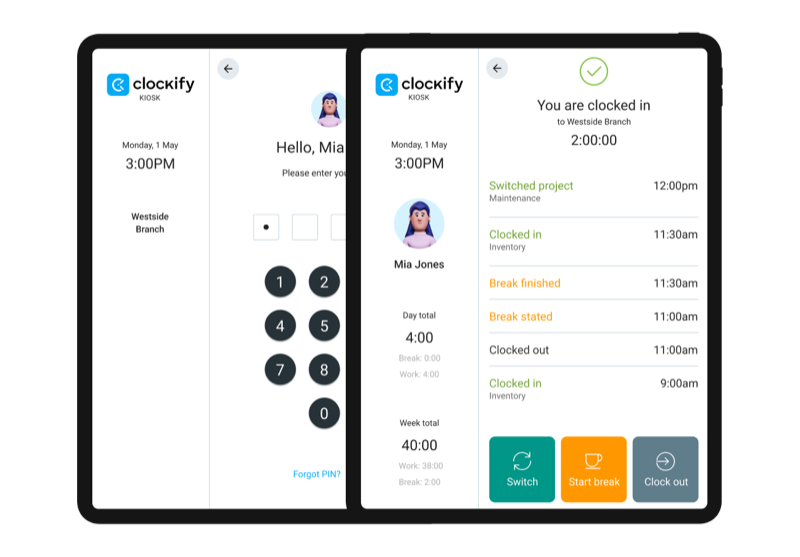 Clockify kiosk mode for shared device clock-in with PIN authentication
