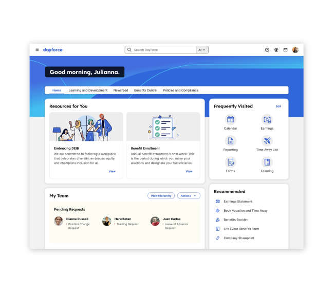 Dayforce HCM platform dashboard showing employee home screen with resources, team requests, and frequently visited areas