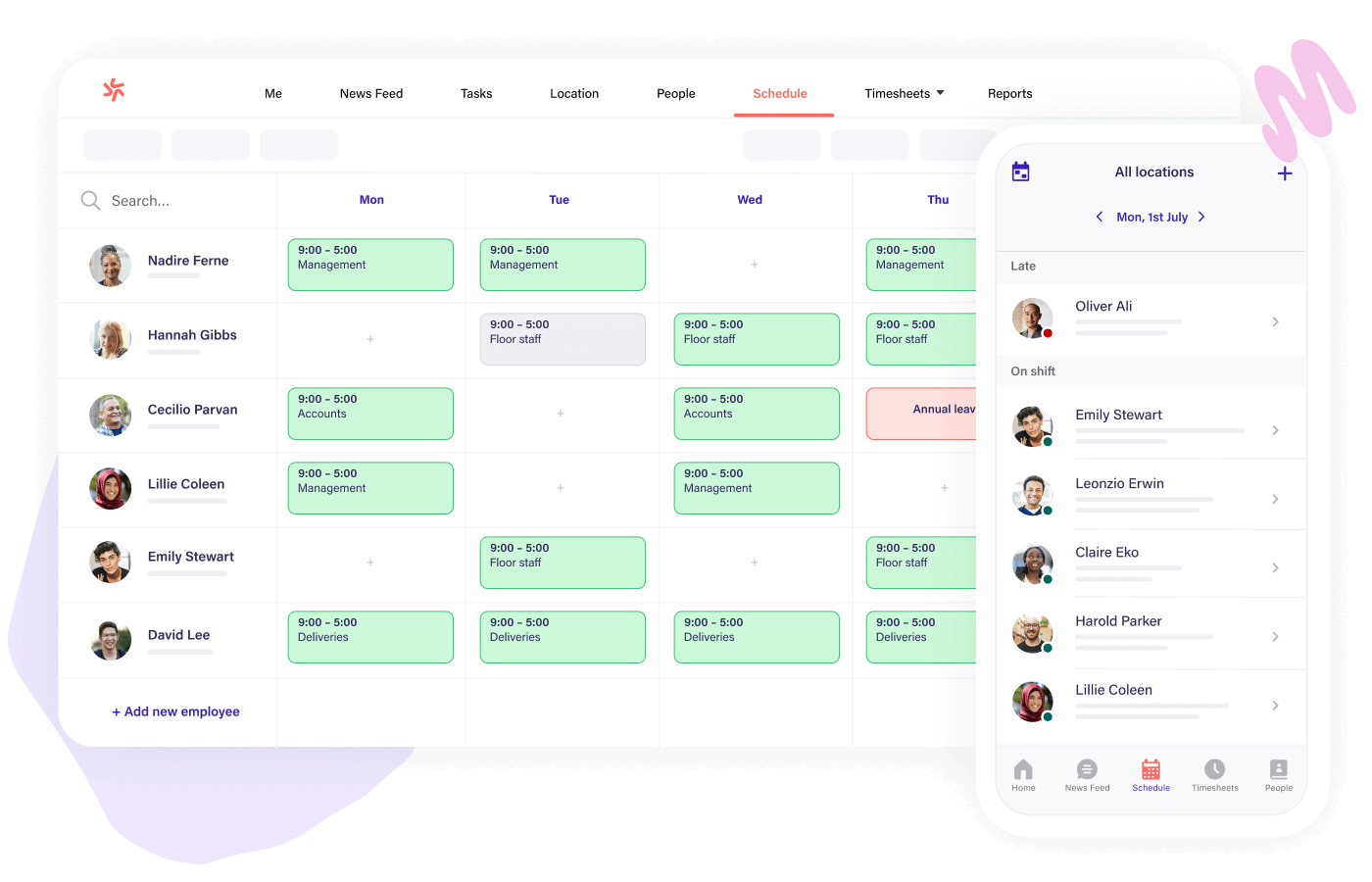 Deputy scheduling dashboard showing employee shifts and time tracking