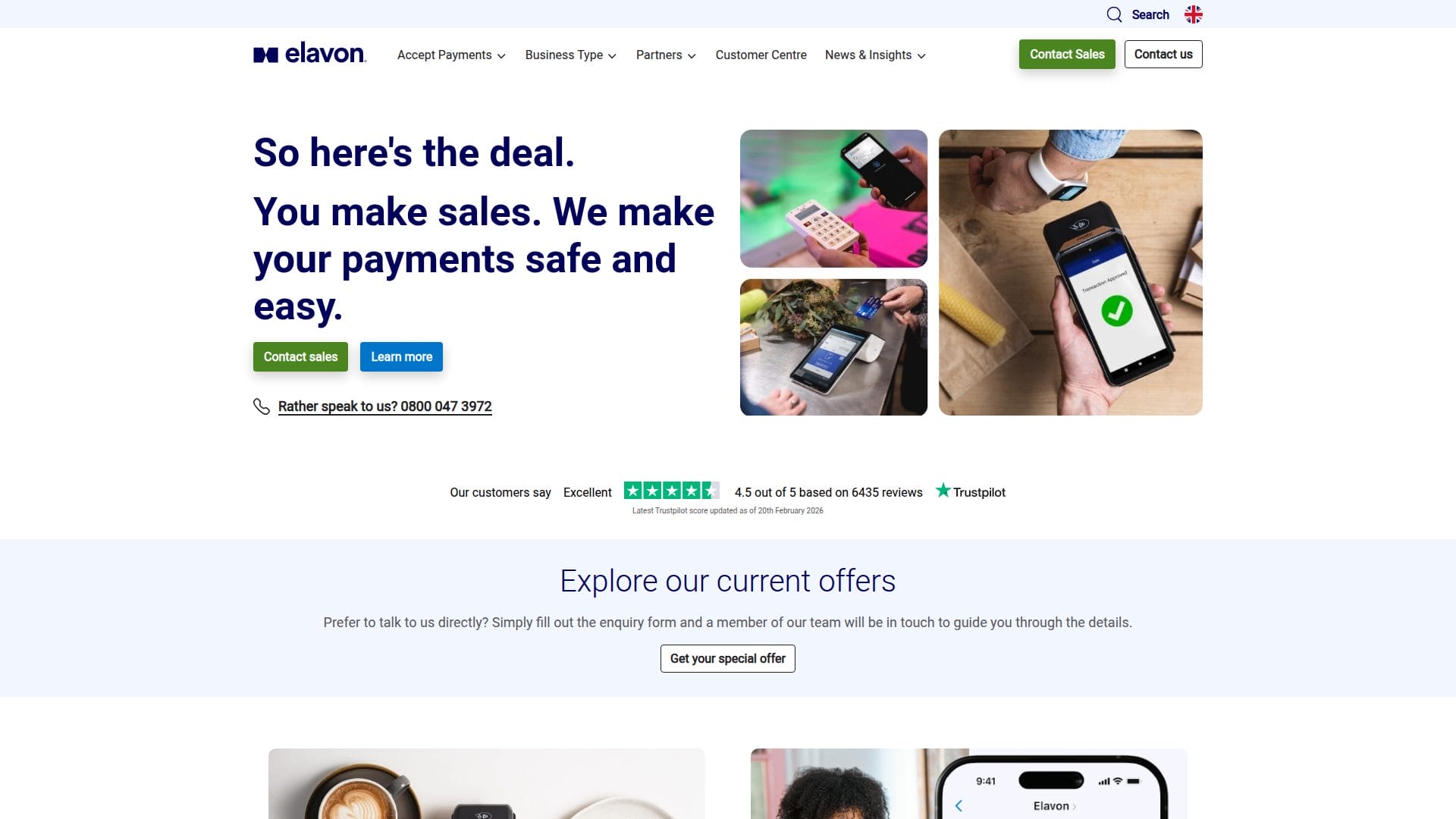 Elavon payment solutions homepage showing merchant services for UK businesses