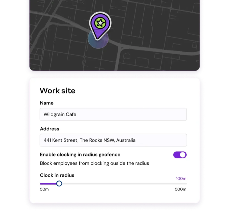 Employment Hero geofencing interface showing work site boundary setup on map