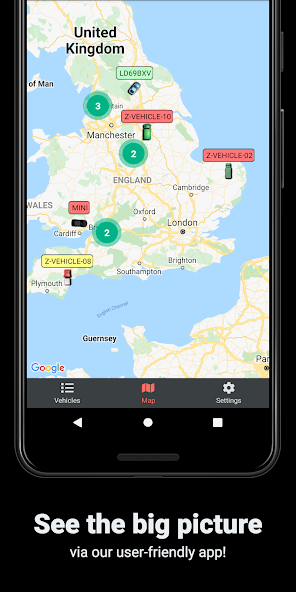 Fleetsmart mobile app showing fleet vehicles on a UK map with live GPS tracking