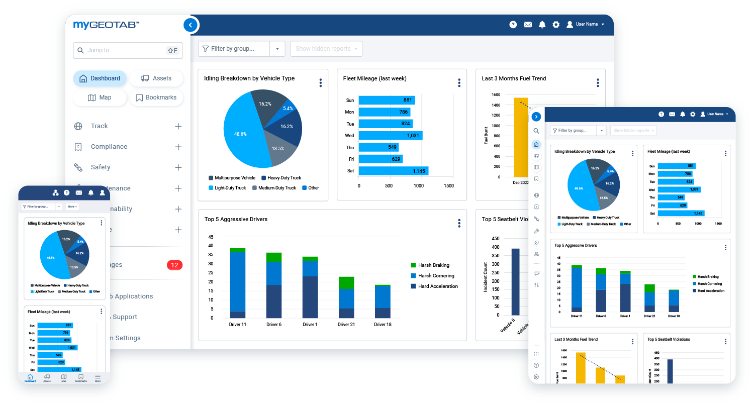 MyGeotab fleet management dashboard showing analytics charts and reports