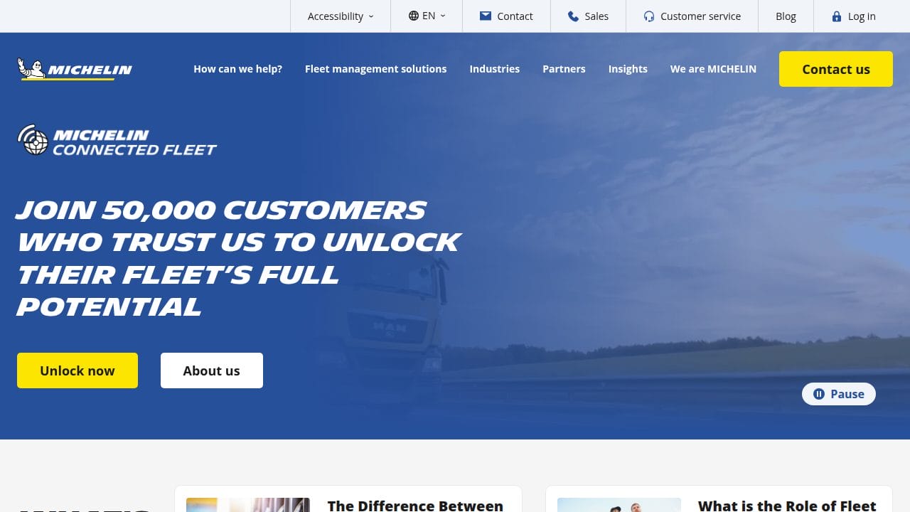 Michelin Connected Fleet platform homepage showing fleet management solutions