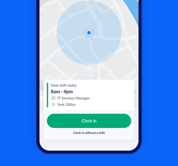 RotaCloud mobile app showing GPS clock-in with location restrictions