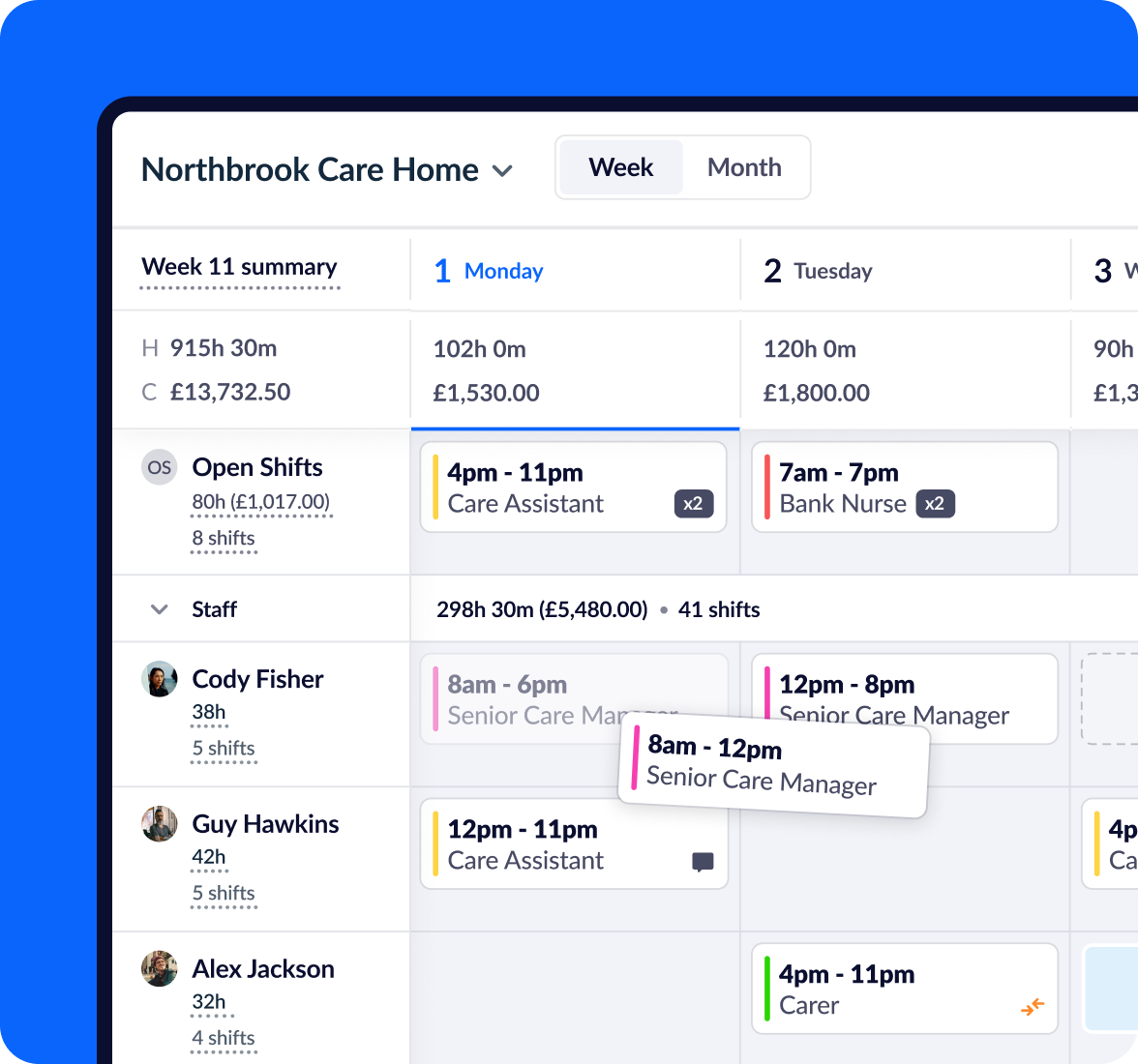 RotaCloud rota planning dashboard showing weekly shift schedule