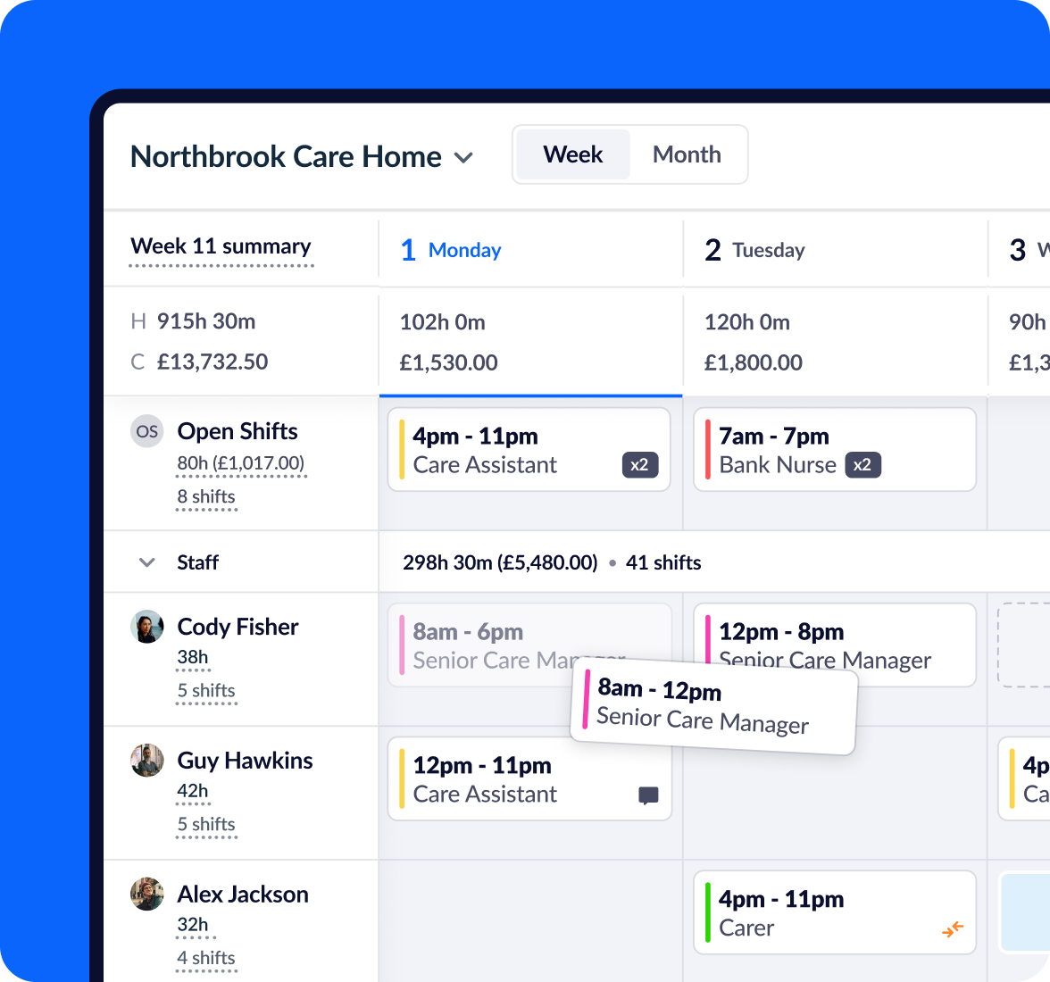RotaCloud rota planning dashboard showing weekly shift schedule