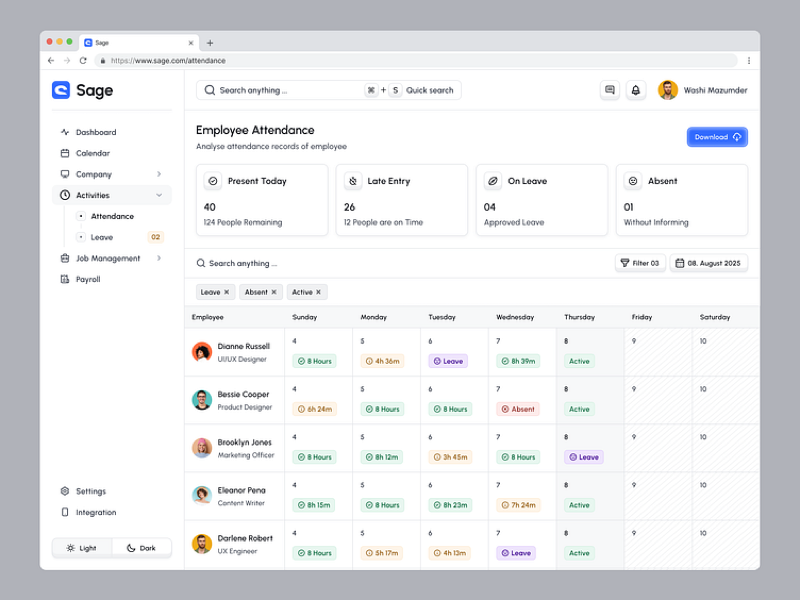 Sage HR attendance management dashboard showing employee time tracking interface