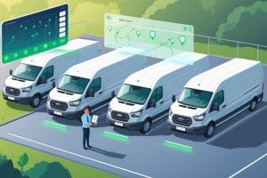 Small fleet of GPS-tracked white vans at a business depot