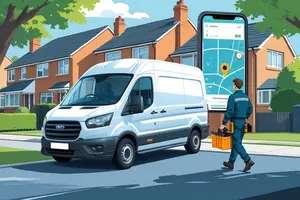 Sole trader with GPS-tracked white van on a UK residential street