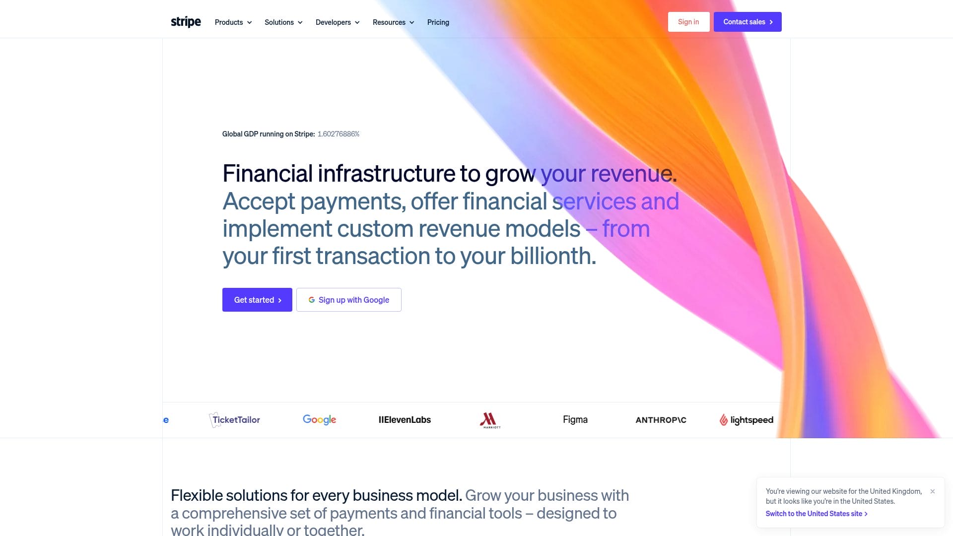 Stripe payment platform homepage showing developer-first payment infrastructure