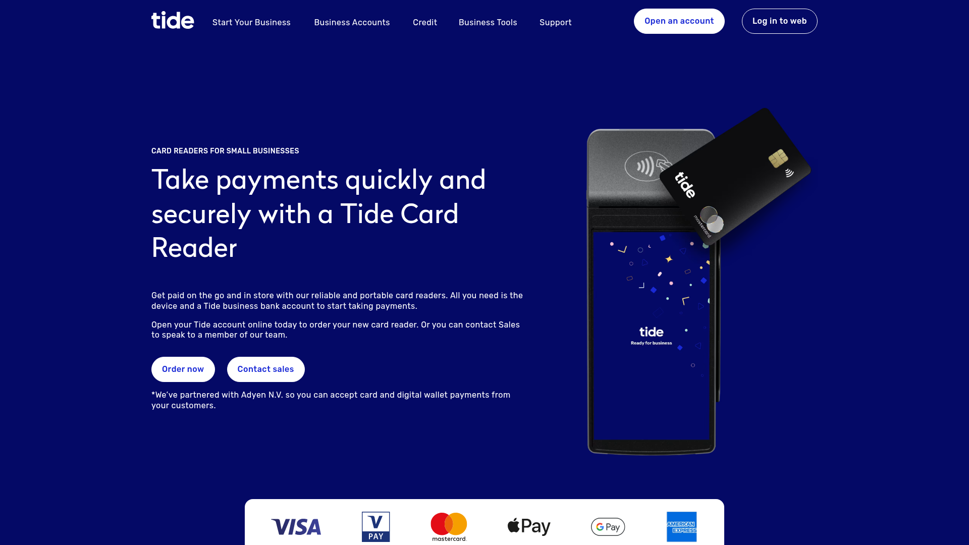 Tide card reader product page showing hardware and pricing options