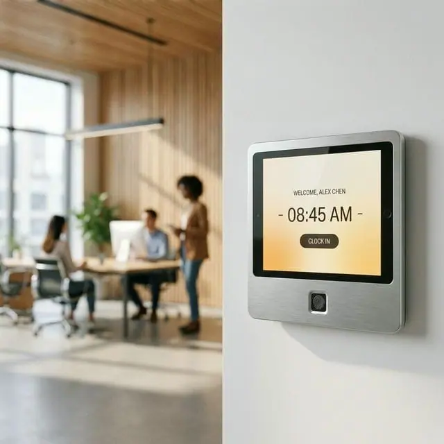 Modern biometric time attendance terminal on office wall