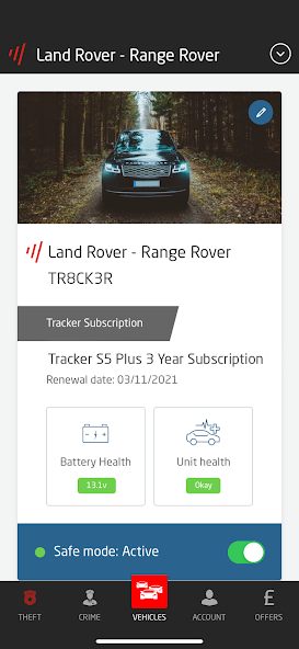 Tracker Touch app showing vehicle details, battery health, and safe mode for stolen vehicle recovery