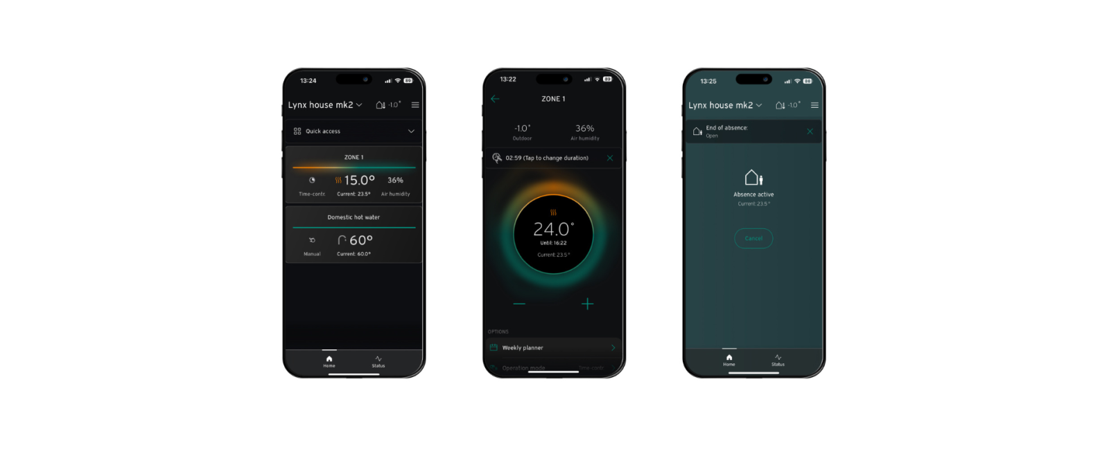 myVaillant app showing heating, hot water and absence controls