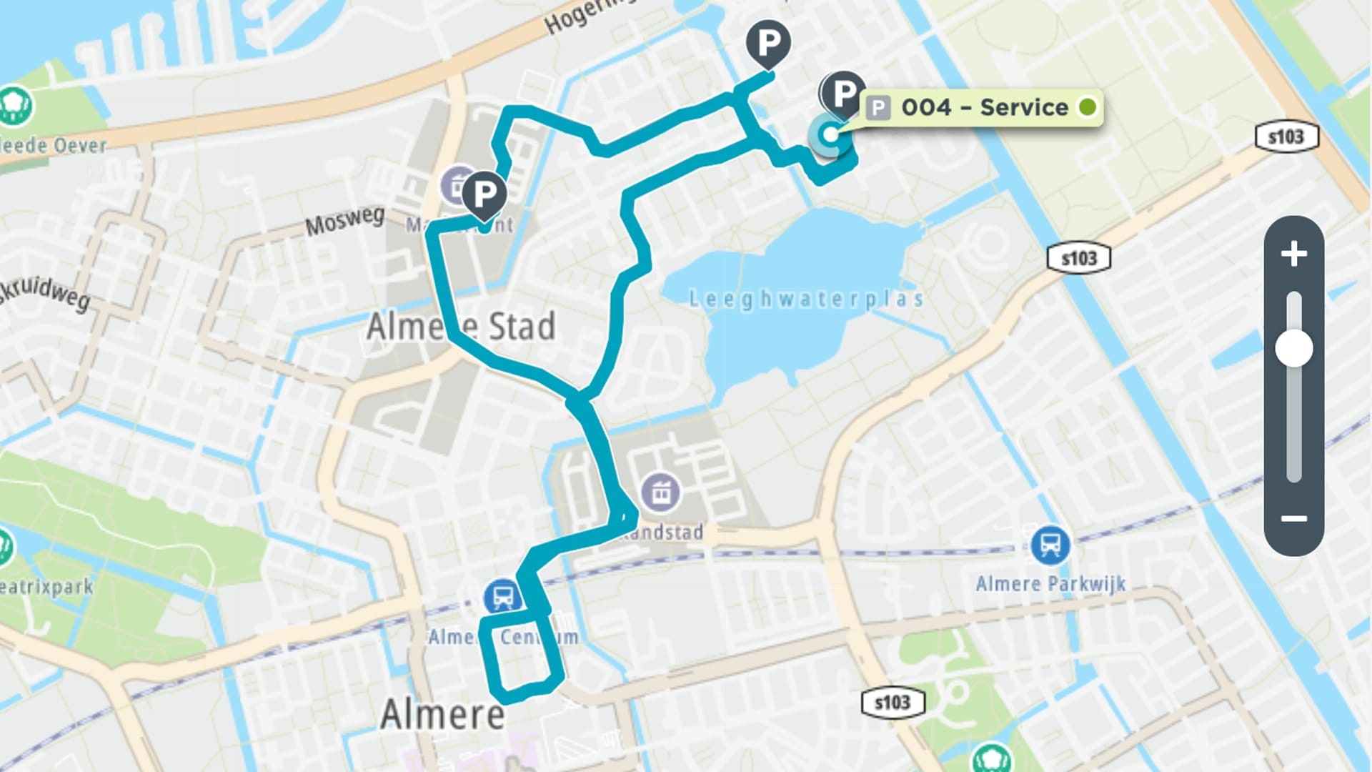 Webfleet vehicle tracking map showing live route tracing