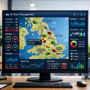 AI fleet management dashboard showing GPS vehicle tracking across the UK