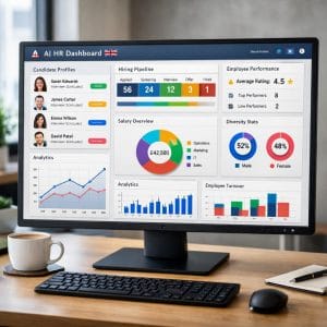AI HR software dashboard showing recruitment pipeline and employee management