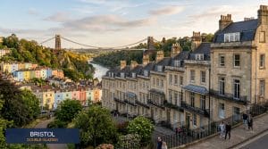 Clifton Suspension Bridge and Georgian terraces in Bristol with double glazed sash windows