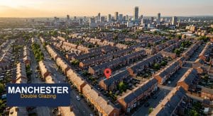 Aerial view of Manchester residential neighbourhood with Victorian terraced houses