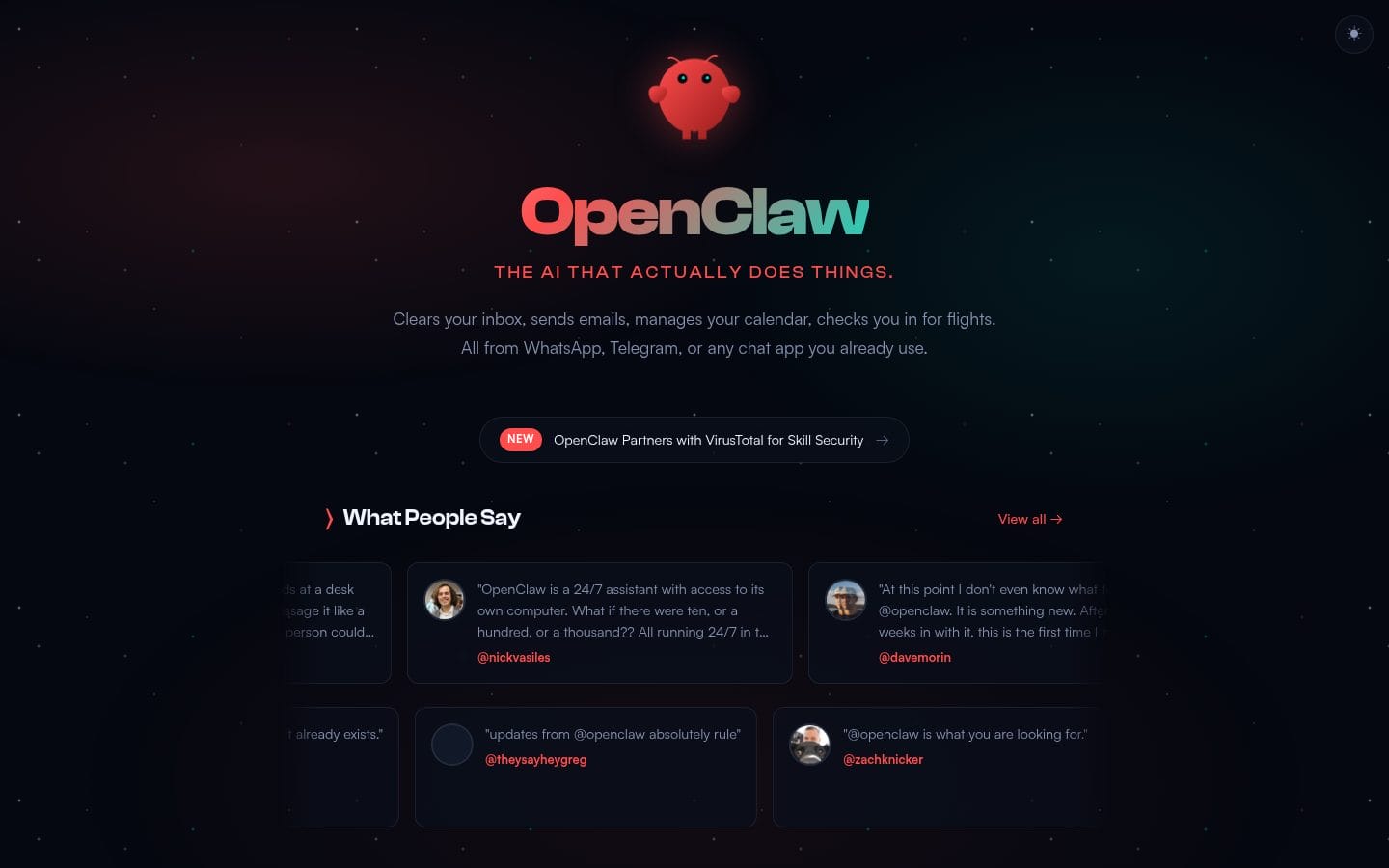 OpenClaw AI agent homepage showing the lobster mascot and testimonials from users