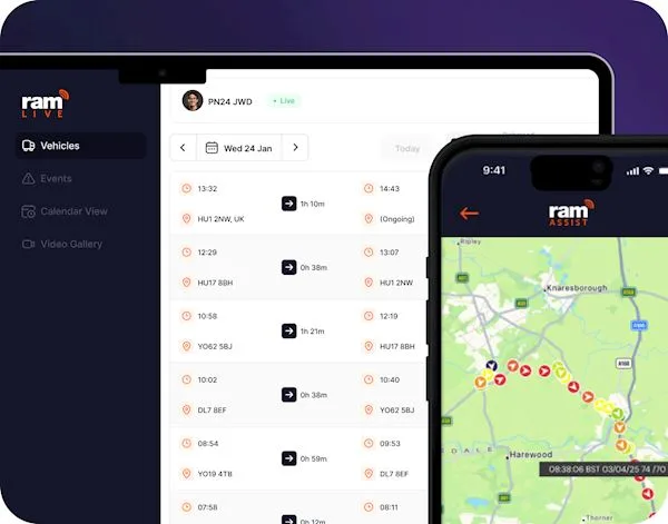 RAM Tracking Live desktop platform showing vehicle journey timeline and mobile app with fleet map across Yorkshire