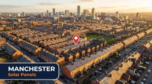 Aerial view of Manchester residential neighbourhood with solar panels
