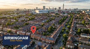 Aerial view of Birmingham residential neighbourhood with solar panels and city centre skyline
