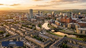 Aerial view of Leeds showing Victorian terraces and the River Aire with solar panels