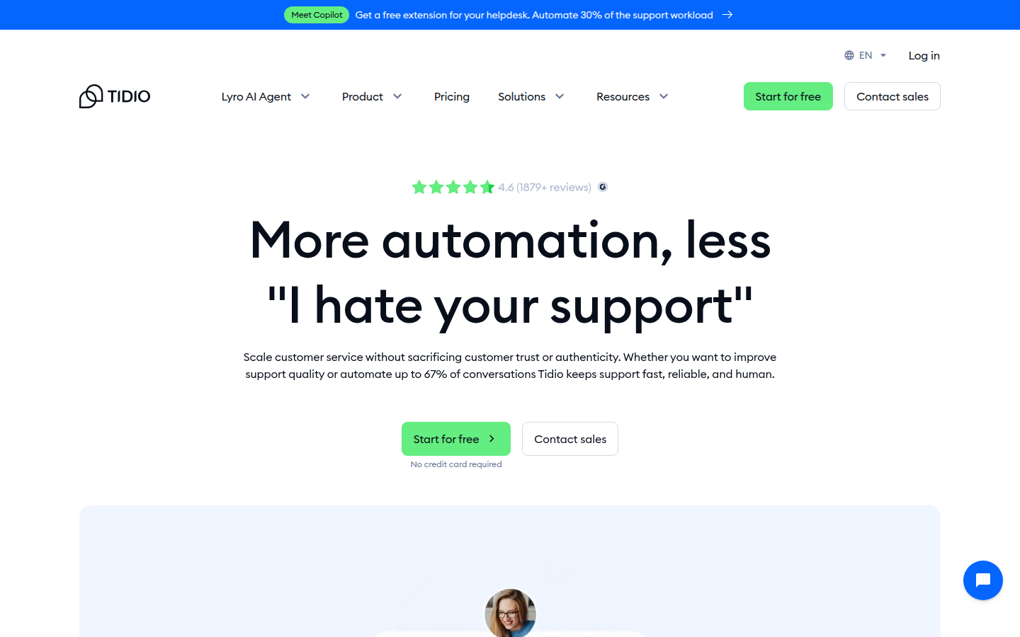 Tidio AI customer service platform homepage with Lyro AI agent