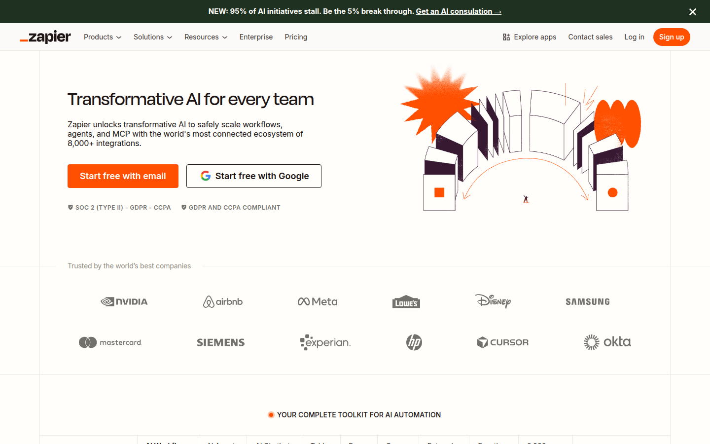 Zapier homepage showing AI workflow automation platform with 8,000+ app integrations