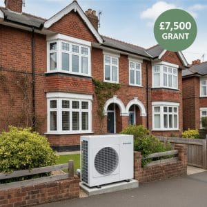 UK semi-detached house with air source heat pump and £7,500 grant badge