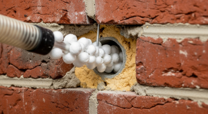 Cavity wall insulation foam being pumped through brick wall