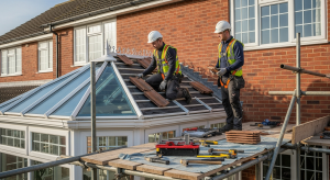 Professional roofers installing tiles on a conservatory roof