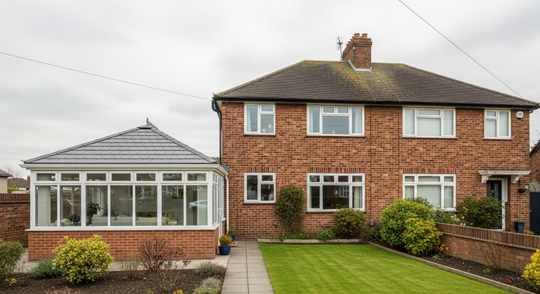 UK semi-detached house with modern tiled conservatory roof replacement