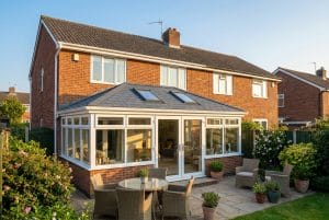 UK conservatory with new tiled roof at the rear of a brick semi-detached home